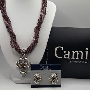 Ami Silver and Burgundy Cross Necklace Set